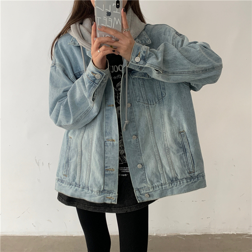 Real price Hong Kong chic personalized retro coat women's design sense splicing hooded denim shirt