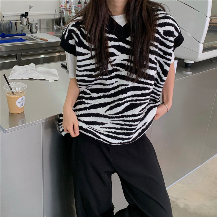 Real price Korean V-neck zebra sweater vest versatile loose women's coat