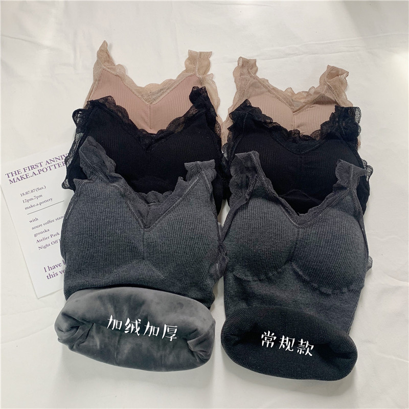 Real shot real price ~ autumn and winter new plush and thickened suspender vest for women's warmth with lace edge of tight bottoming shirt