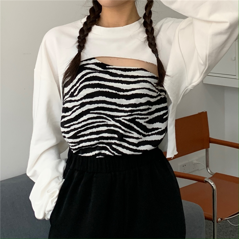 Real price design irregular long sleeve drop shoulder T-shirt + zebra pattern with sling