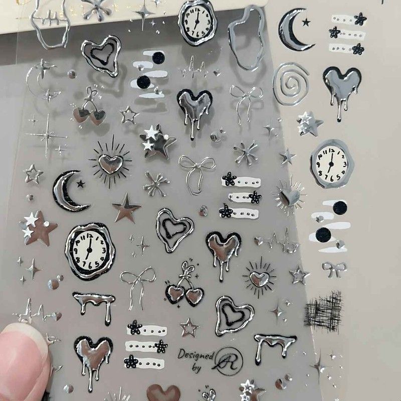 背胶手机壳液态金属爱心美甲贴纸ins时钟星星甜酷y2k辣妹指甲粘贴