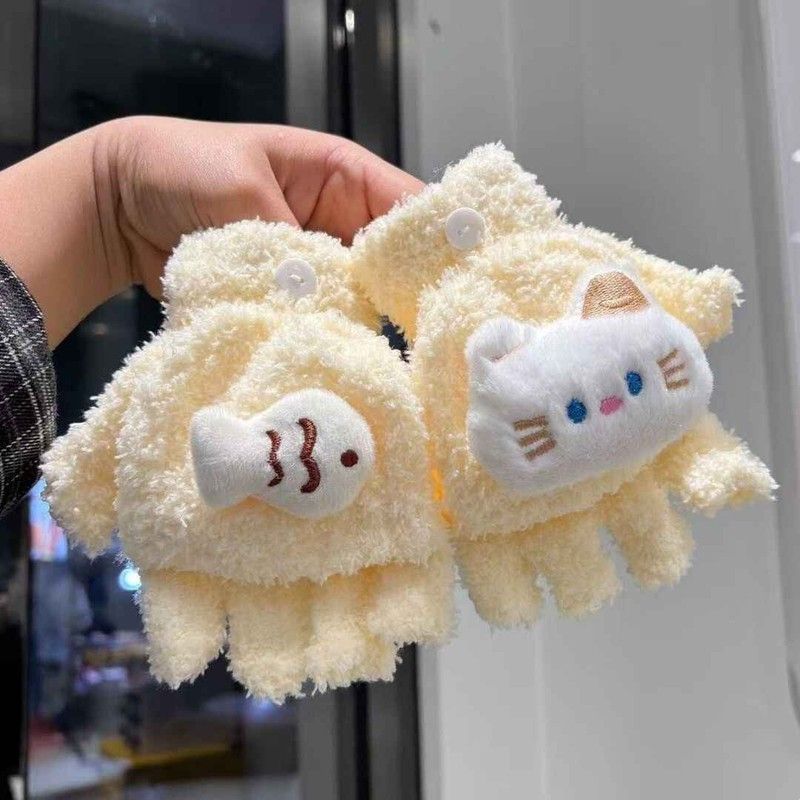 学生写字漏指卡通半指手套猫吃鱼儿童加厚冬季手套保暖高颜值可爱
