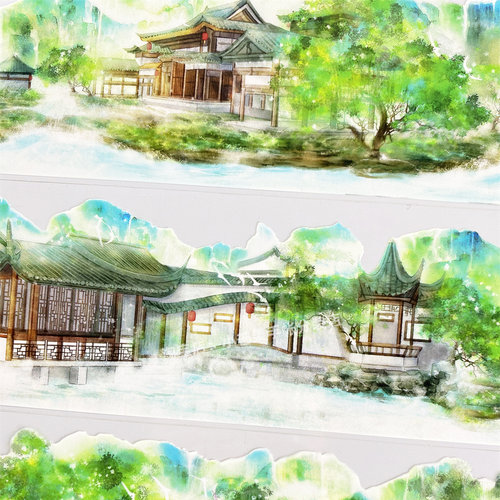 手帐分装胶带桃源春深zero朦胧山景阁楼亭子古风PET账流麻diy贴纸