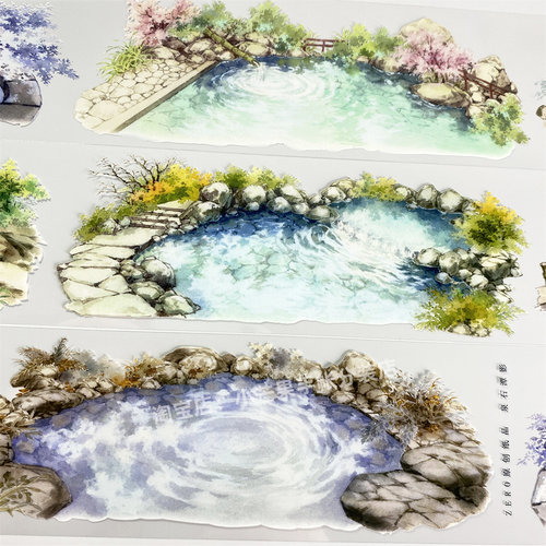 手帐分装胶带泉石潭影zero水面池塘湖面造景PET古风素材账diy贴纸