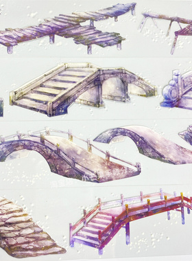 手帐分装胶带横桥卧波2夜zero石桥蓝紫景古风PET素材账手机壳贴纸