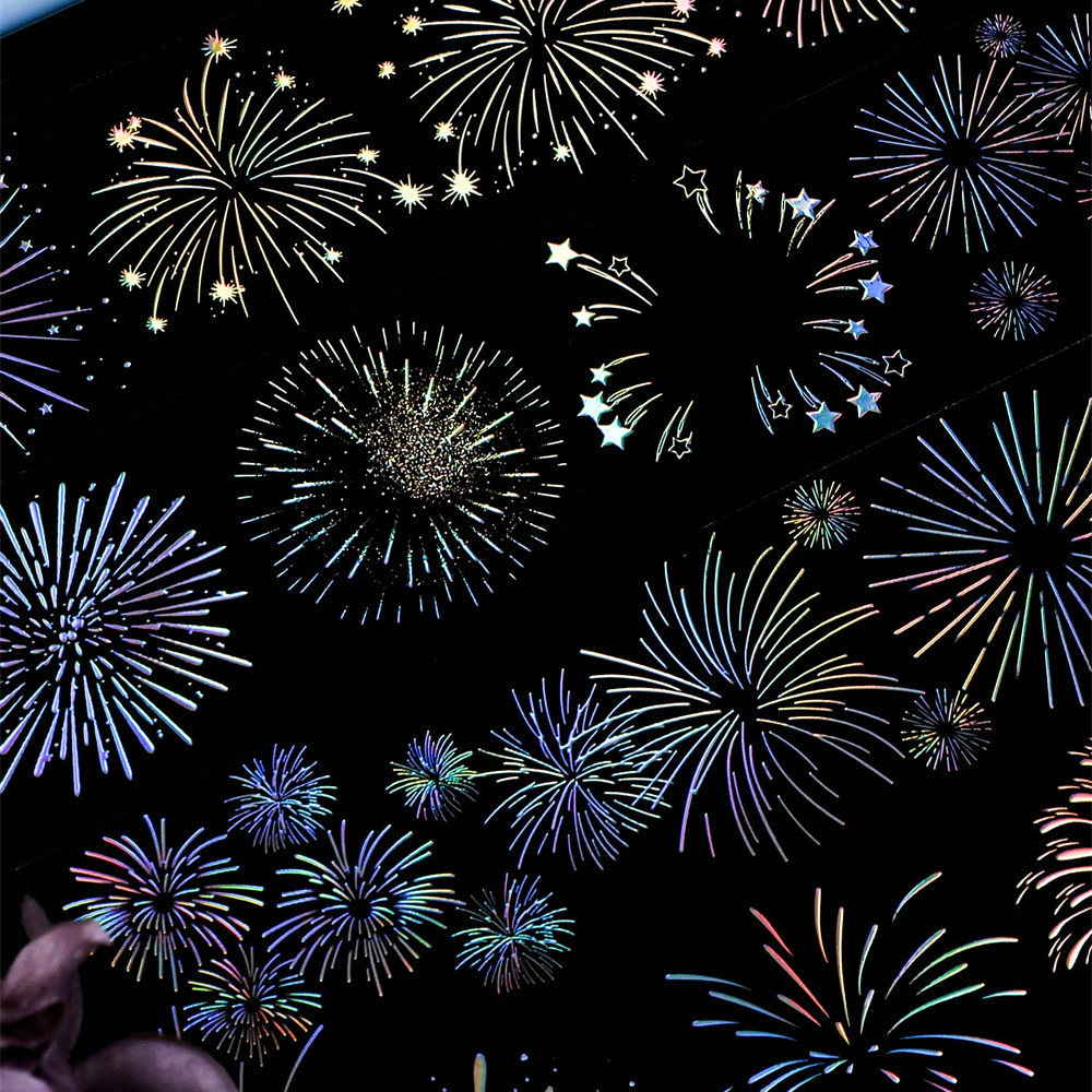 手帐分装胶带璀璨烟花镭射银竹悦工作室新年PET素材账流麻贴纸