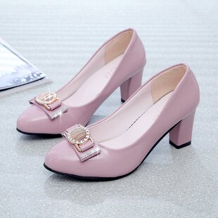 春秋粗跟中跟蝴蝶结漆皮裸色女士水钻单皮鞋 单鞋 女百搭工作高跟鞋