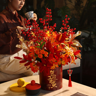 扭扭棒新年抱抱桶福桶石榴花2026马年过年摆件冬青仿真年宵花装饰