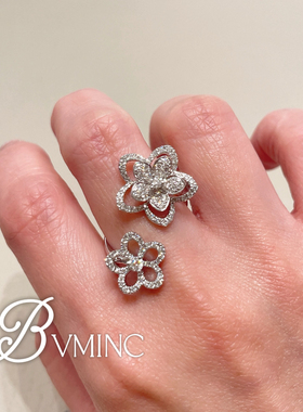 bvminc GF超闪高碳钻双花朵镂空开口戒指