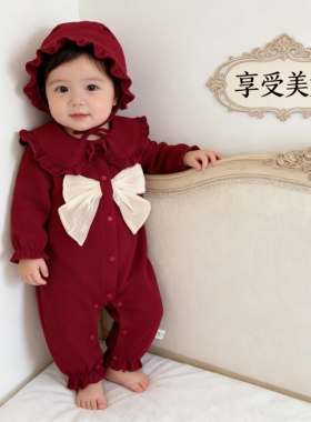 满月宝宝衣服红色喜庆新生婴儿小月龄公主连体衣百天女孩外出哈衣