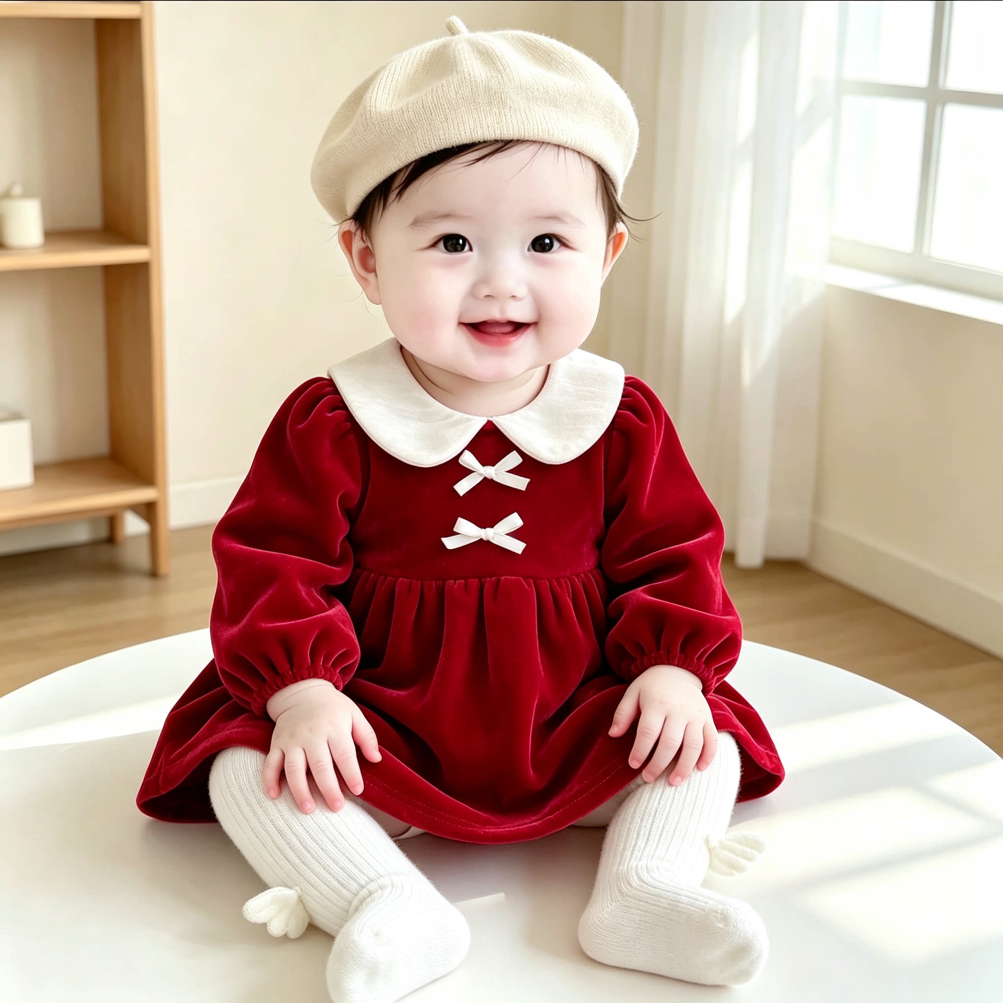 加绒女童百日周岁长袖洋气小礼服图片