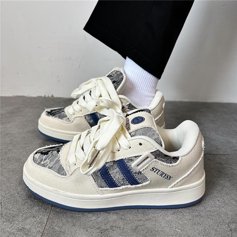牛仔蓝帆布透气面包鞋女2025春季新款初高中学生厚底百搭休闲板鞋