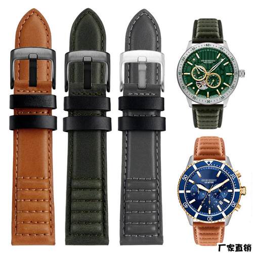 适配品质真皮手表带配件牛皮男表带灰浅棕绿蓝色代用海鸥精工西铁