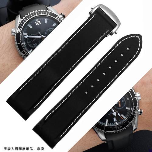 适配弧形硅胶c手表带防水欧米伽蝶飞超霸新海马300男表配件2022mm