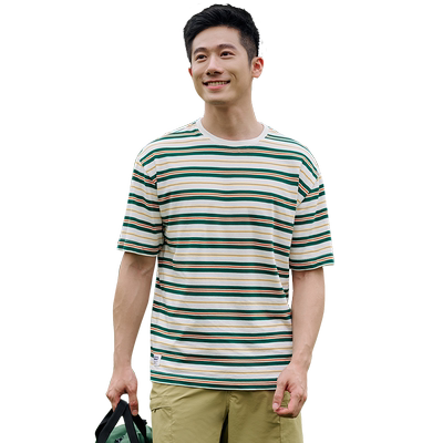 outdoor products 新款户外纯棉亲肤吸湿透气圆领条纹短袖T恤男