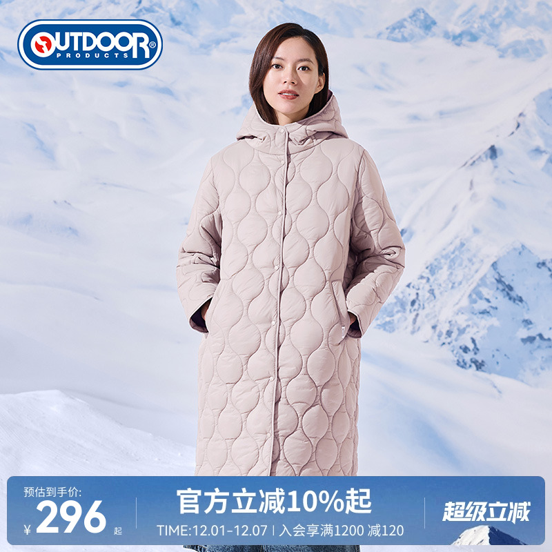 菱形格秋冬户外长款超轻连帽棉服