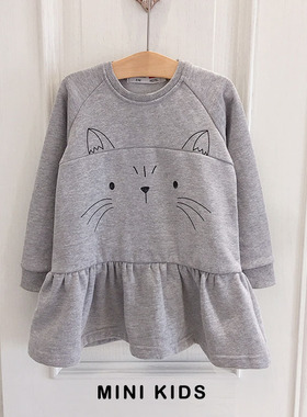 外贸D出口 女童宝2-10岁秋冬中长款浅灰小猫咪卫衣抓绒连衣裙保暖