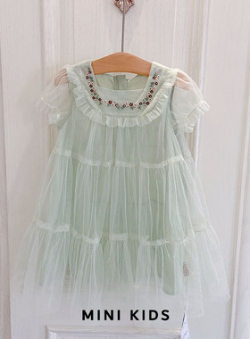 柜货~公主家！女童夏季浅绿色花朵网纱连衣裙 女宝宝公主裙90-130