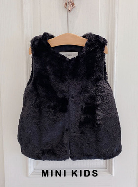 英国M家元D~秋冬女童仿皮草毛毛绒背心 夹棉加厚黑色背心坎肩外套