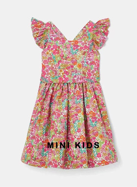 法单，2023春夏新款 女童碎花露背中长款纯棉后背交叉公主连衣裙