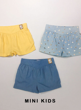 澳洲cot 2-10岁女童夏季薄软纯棉亚麻蝴蝶印花纯色牛仔色休闲短裤