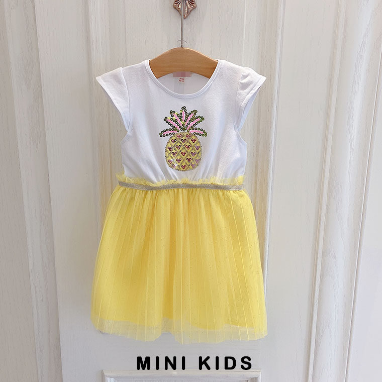 法国单~女童宝宝2-12岁夏季纯棉网纱拼接菠萝亮片飞袖背心连衣裙