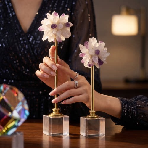 轻奢紫白花簇金色细杆摆件