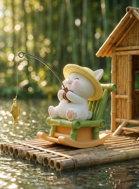 可爱猫咪钓鱼竹筏治愈系摆件