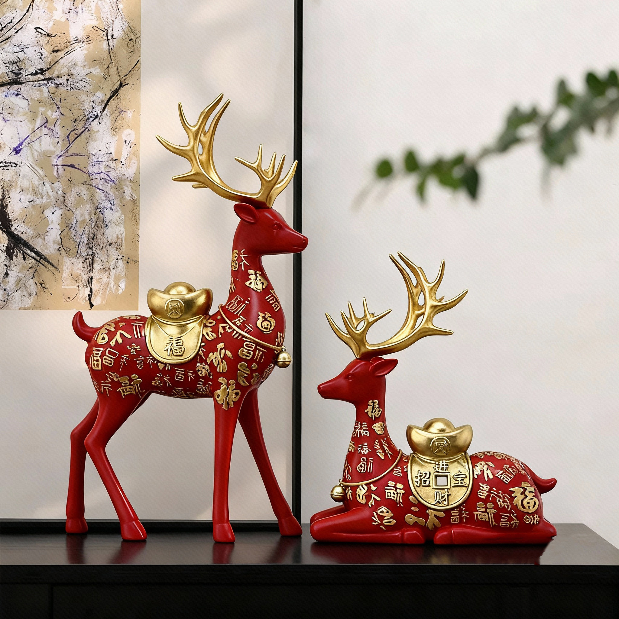 红色鹿摆件一对金色装饰招财福字国学家居装饰品