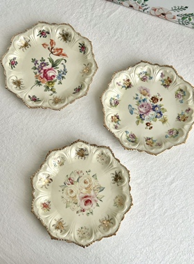 宫廷风复古欧式洛可可八角描金盘 出口老货米色花卉陶瓷菜盘