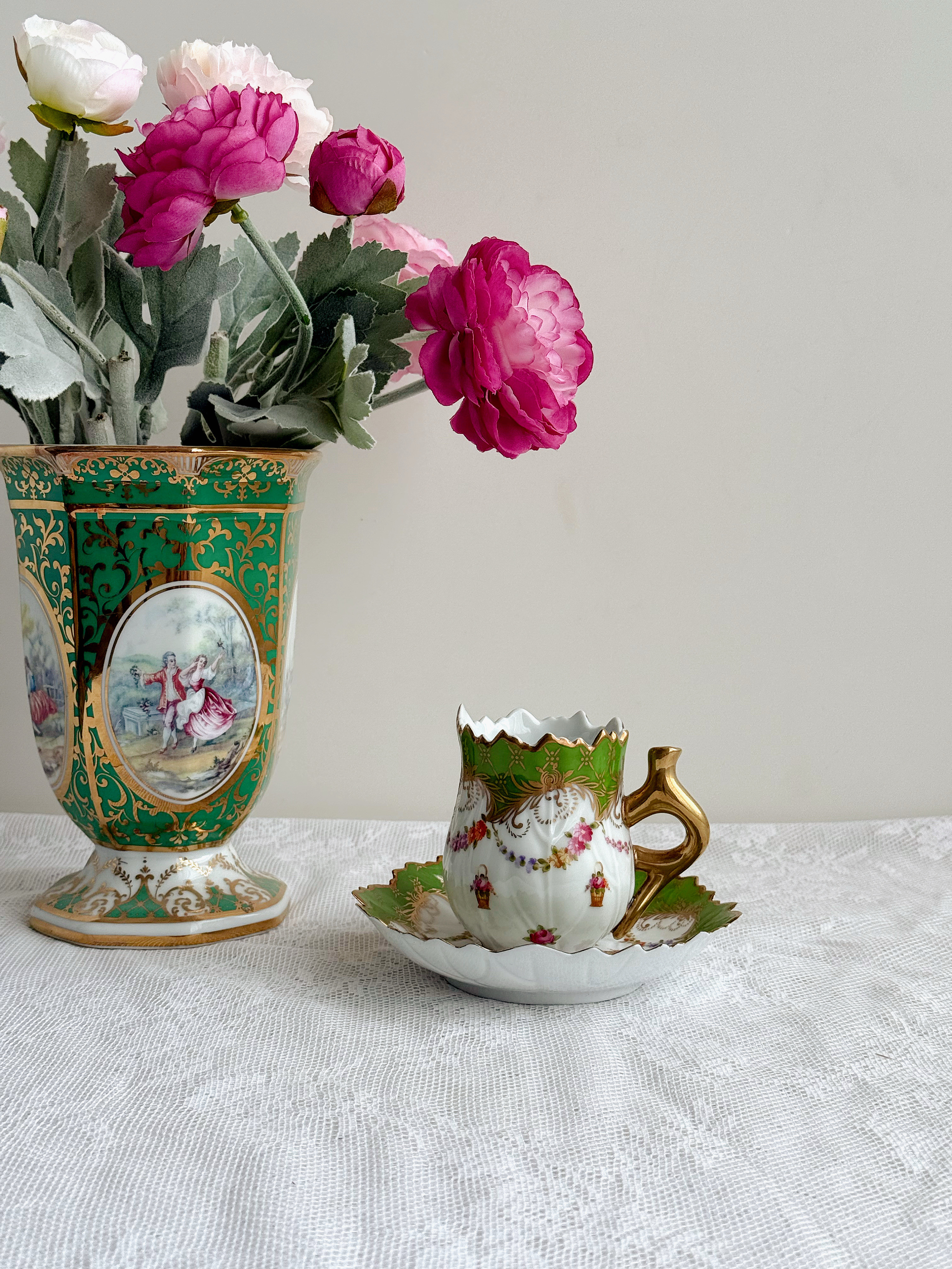 法国中古瓷器绿色系鎏金花瓶 绿野仙踪树叶特别设计咖啡杯