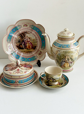 皇家雅顿中古瓷器蓝色蕾丝罗蜜欧与茱丽叶黑瓷釉中彩陶瓷套装