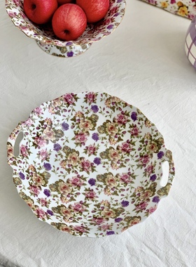 繁花似锦 出口余单 紫色小花花欧式陶瓷双耳盘点沙拉盘高脚果盘