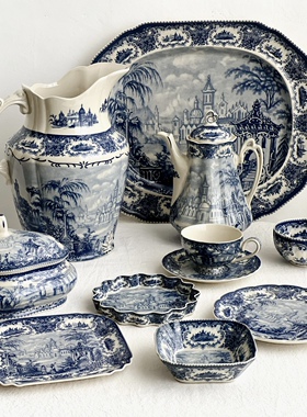 欧洲名画蓝色系列 釉中彩黑瓷蓝堡人物陶瓷盘咖咖杯茶杯茶壶 花瓶