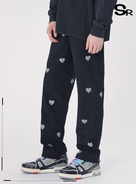 Senior Role2021潮牌秋季新款休闲裤男宽松黑色裤潮流心形图案