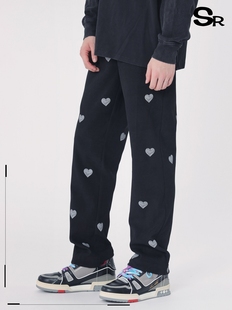 男宽松黑色裤 Senior 休闲裤 新款 潮流心形图案 Role2021潮牌秋季