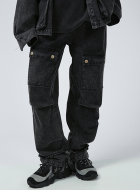 Senior Role潮牌黑色水洗做旧牛仔裤宽松直筒国潮破坏休闲裤男