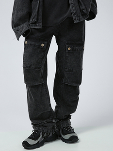 男 宽松直筒国潮破坏休闲裤 Senior Role潮牌黑色水洗做旧牛仔裤