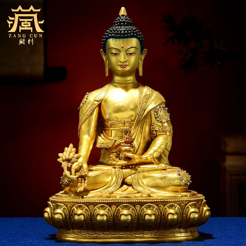 藏村室内桌面工艺摆件10寸铜鎏金雕花《药师佛》铜像家用客厅摆件