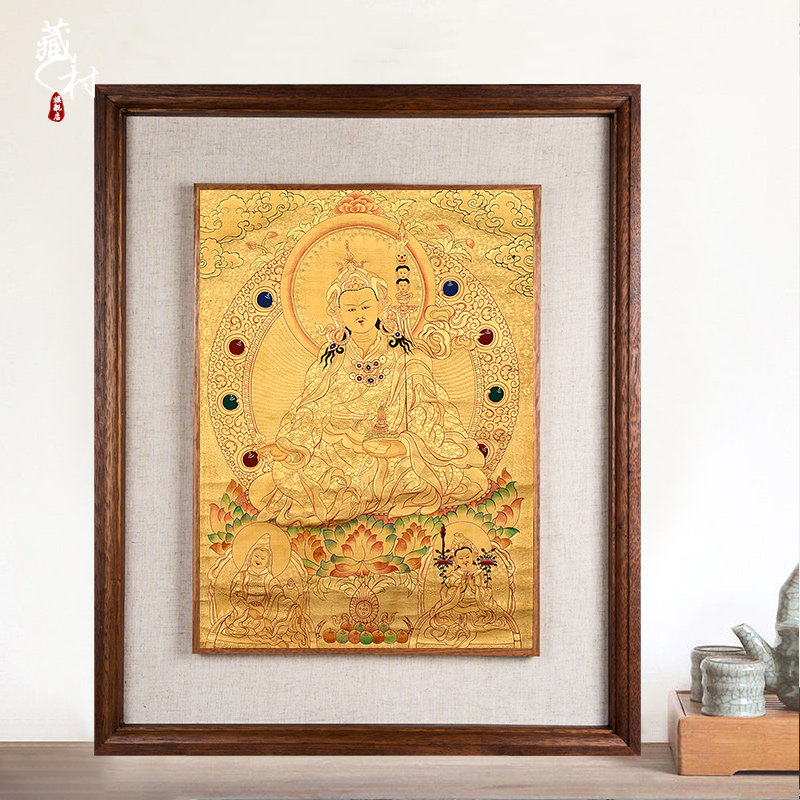 藏村 唐卡手绘金卡莲师三尊挂件西藏尼泊尔手工矿物客厅装饰壁画