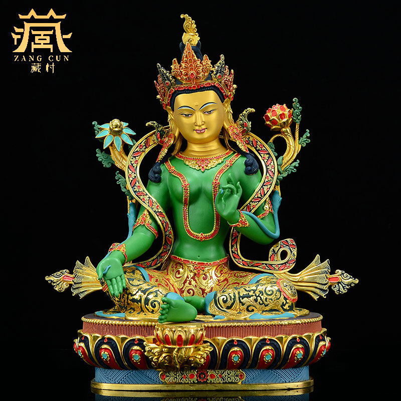 藏村铜彩绘《绿度母》铜像《绿多罗观音》雕像10寸随身佛度母摆件