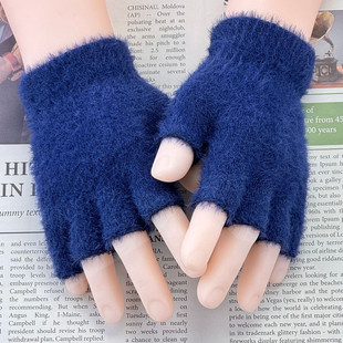 简约女士冬季 保暖触屏露指无盖纯色学生写字平板毛绒手套