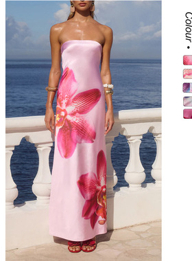 2025 floral print sexy micro elastic strapless long dress