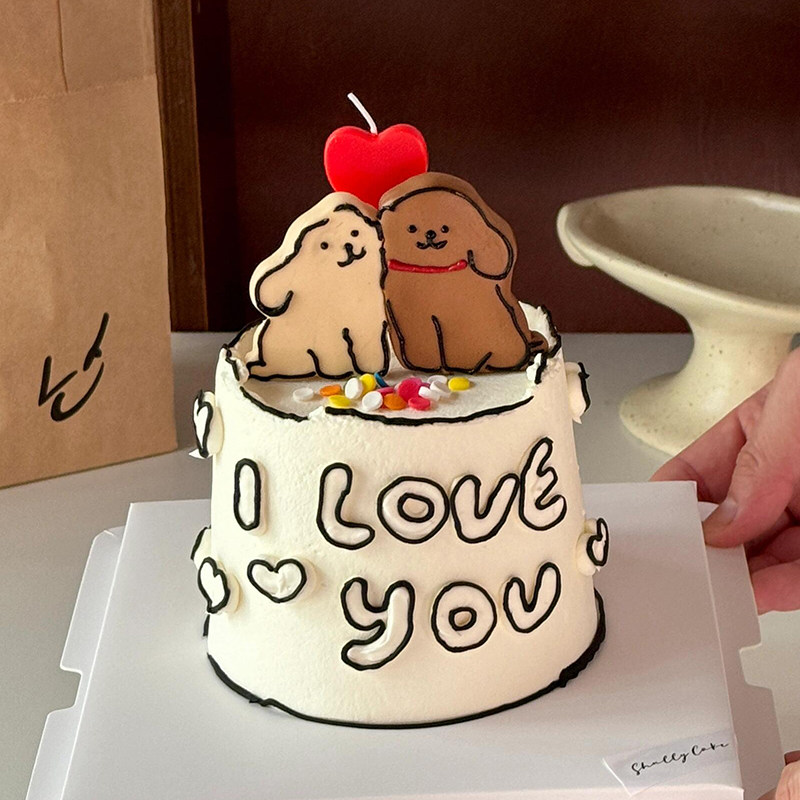 七夕情人节蛋糕装饰摆件线条小狗狗亚克力插件插牌情侣纪念日表白
