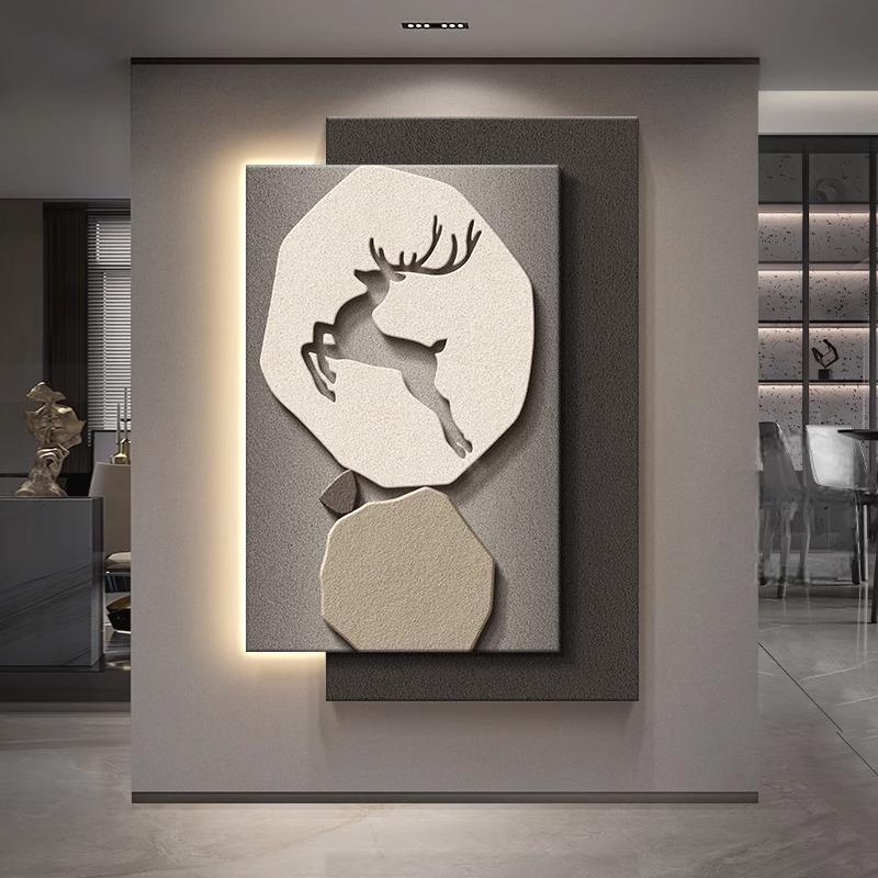 福鹿玄关带灯装饰画寓意好入户正对门挂画尽头走廊过道壁灯客厅画