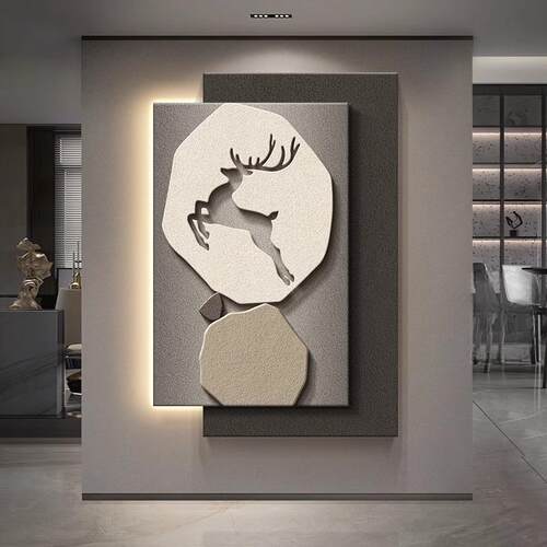 福鹿玄关带灯装饰画寓意好入户正对门挂画尽头走廊过道壁灯客厅画