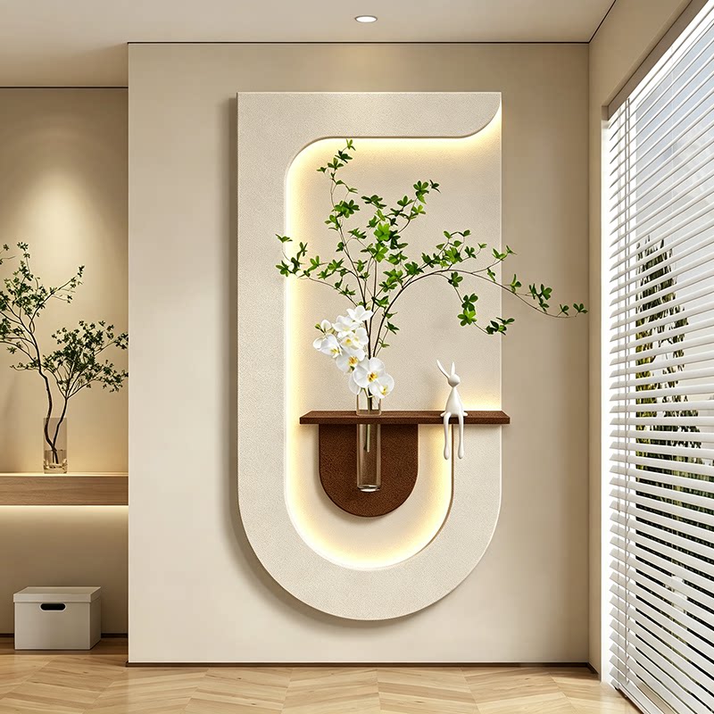 创意水培绿植入户门玄关装饰画奶油风双层砂岩带灯光走廊过道挂画