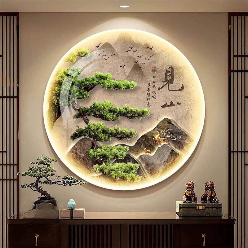 迎客松见山入户玄关led带灯壁画图片