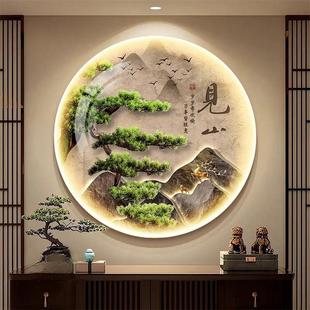 迎客松玄关装饰画见山入户正对门挂画led带灯走廊过道氛围灯壁画
