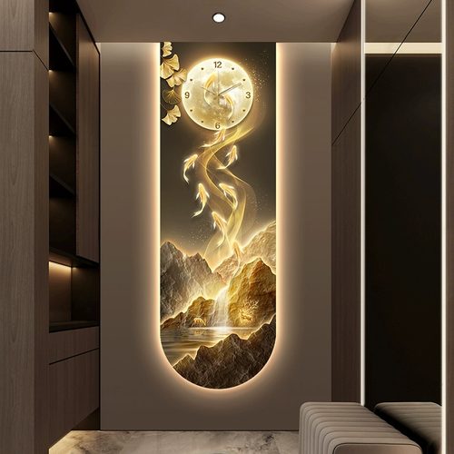 九鱼图带时钟表入户门玄关装饰画 画高级感壁灯现代轻奢走廊过道
